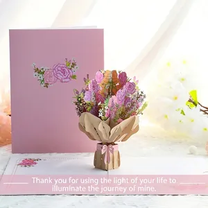 3D pop-up Mothers Day card with handmade carnation bouquet and pink envelope