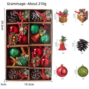 Christmas tree ornaments set with pine cones, red balls, bells and bows in a gift box