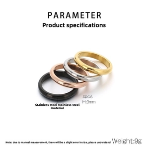 Detailed view of 4pcs 3mm polished stainless steel rings in black, gold, and silver
