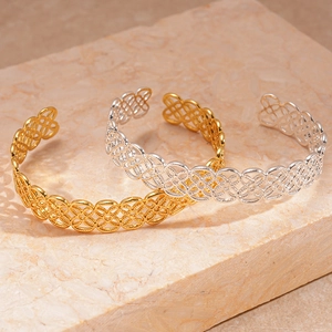 Chic hollow geometric woven open cuff bracelet set in gold and silver metal finishes