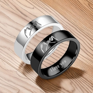 Titanium steel couple rings featuring hand-holding pattern and I Love You engraving