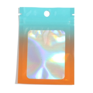 Detail view of colorful packaging bag with zipper seal and laser holographic window