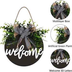 Wooden welcome door sign with 3D letters, multilayer bow and artificial green plants