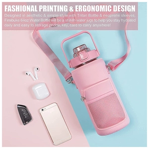 Pink 64oz water bottle sleeve with storage pocket and ergonomic shoulder strap detail