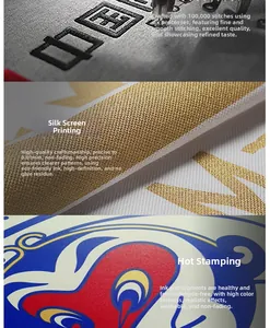 Detailed views of embroidery, screen printing, and heat transfer processes on softshell vests
