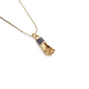 Gold plated Hamsa hand necklace with blue stone evil eye pendant on box chain