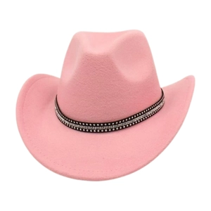 Detail of pink cowboy hat showing sparkling rhinestone band and wool felt texture