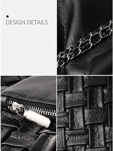 Chic black woven leather tote bag with metal chain strap and smooth zipper detail