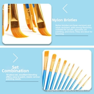 Detailed macro view of 10-piece nylon hair paintbrush set with blue handles and gold ferrule