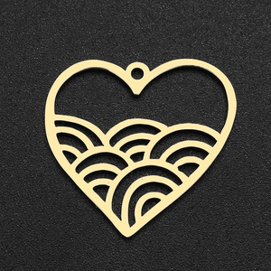 Detailed close-up of a gold hollow heart-shaped pendant with wavy layered patterns