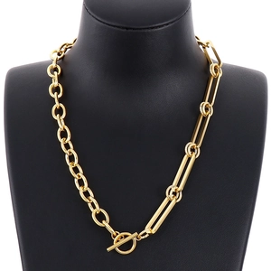 Asymmetric gold stainless steel necklace with paperclip chain and OT toggle clasp