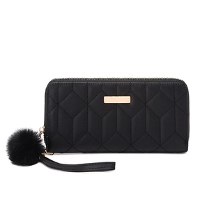 Black long embroidered women's wallet with quilted pattern and fluffy ball charm strap