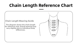 Guía de tallas con referencias de longitud de collar de 35 cm a 80 cm en un modelo femenino