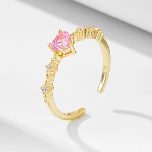 S925 Sterling Silver Pink Heart Rhinestone Open Ring For Women Sweet Small Fresh Adjustable Finger Ring Fashion Jewelry Gift