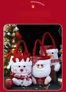 3D Santa and reindeer plush Christmas gift bags with knitted hats and sturdy handles