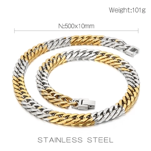 Two-tone silver and gold stainless steel Cuban chain necklace with 101g weight and 500x10mm size