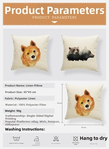 Detail specifications of 45x45cm linen puppy bee print pillowcase with 100% polyester fiber