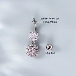 Silver stainless steel belly button ring with flower-shaped clear zircon pendant