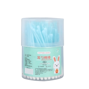 Dual-head disposable cotton swabs with ear spoon tips in a 100-piece cylindrical box