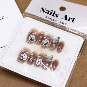 Brown gradient press-on nails set with 3D white roses, pearls and butterfly charms