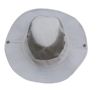 Light gray wide brim sun hat with breathable mesh top for outdoor hiking and travel