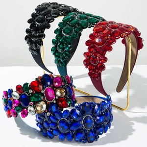 Baroque Retro Luxury Glass Rhinestone Wide Headband For Women Heavy Handcrafted Colorful Crystal Inlaid Prom Wedding Hair Accessory