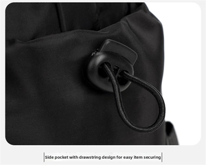 Detail of adjustable drawstring on black oxford fabric side pocket for secure storage