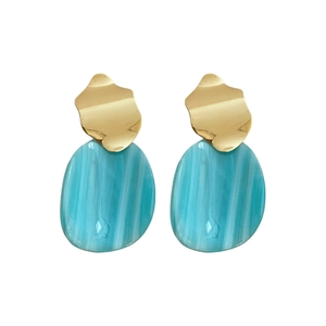 Minimalist irregular gold waves and blue oval pendant earrings for women's fashion