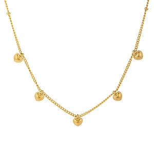 Double-layer gold stainless steel necklace with five beaded heart pendants on a white background