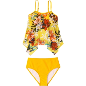 Bikini a due pezzi con stampa tropicale per bambine con top a balze e slip gialli