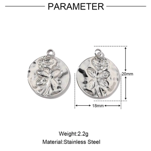Polished silver stainless steel necklace pendant with rose design and size parameters