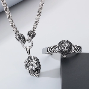 Silver punk lion head jewelry set featuring stainless steel king chain and open cuff bracelet