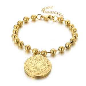 Vintage gold beaded chain bracelet with Saint Benedict medal pendant and adjustable clasp