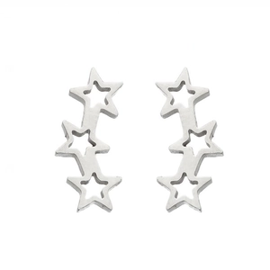 Minimalist silver stainless steel stud earrings with three hollow star shapes in a row