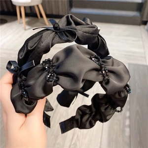 Pleated Satin Headband Elegant Solid Color Hairband With Crystal Rhinestones Beaded Bows Handmade Hair Accessories For Women