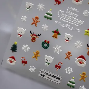 5D embossed Christmas nail stickers featuring Santa Claus, reindeer, and snowflakes TS-3283