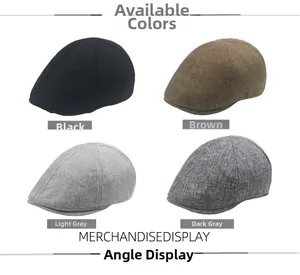 Detail of four breathable linen newsboy caps in black, brown, light and dark grey colors