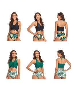 Detail of high-waisted halter bikini set with drawstring ruching and tropical leaf print