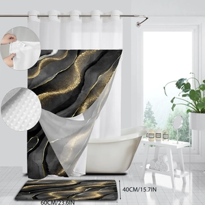 Detail view of black and gold marble bath mat measuring 60x40cm with waffle texture shower curtain