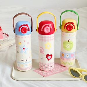 Cute cartoon stainless steel water bottle with straw and handle for students