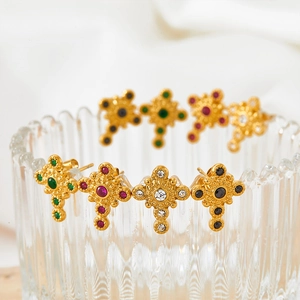 Retro cross earrings with colorful zircon stones in gold finish for a vintage court look