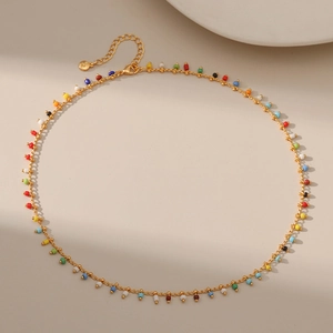 18K Gold Plated Copper Ethnic Necklace With Colorful Rice Beads Thin Chain Adjustable Bohemian Jewelry For Women Gift