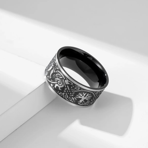 Vintage Tree of Life and Celtic knot titanium steel ring with silver and black contrast finish