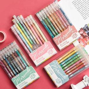 Morandi color gel pen set with four different palette boxes on a red background