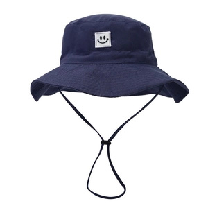 Navy blue kids sun hat with smile patch and adjustable chin strap for outdoor