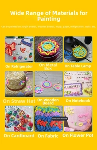 DIY 3D puffy paint pens shown on multiple surfaces like fabric, wood, and ceramic