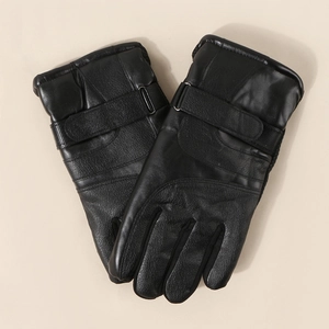 Men's Winter Gloves PU Leather Warm Lining Windproof Outdoor Cycling Solid Black Adjustable Wrist Strap Thermal