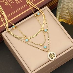 Collana a Strati Albero della Vita Acciaio al Titanio Placcato Oro Turchese Artificiale Strass Pendente Gioielli Donna