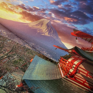 Detail of Mount Fuji tapestry fabric showing soft texture and high-quality Japanese print