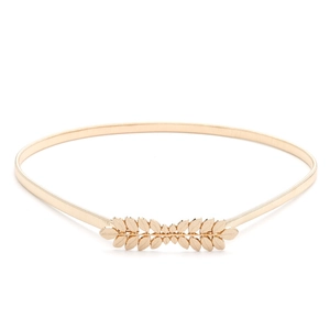 Elegant gold leaf elastic metal belt for women featuring detailed embossed foliage buckle